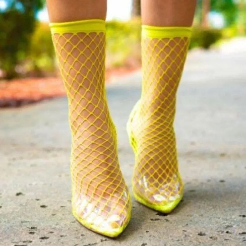 !! NEW !! Fishnet Slingback Heels in Neon Yellow - Picture 8 of 8
